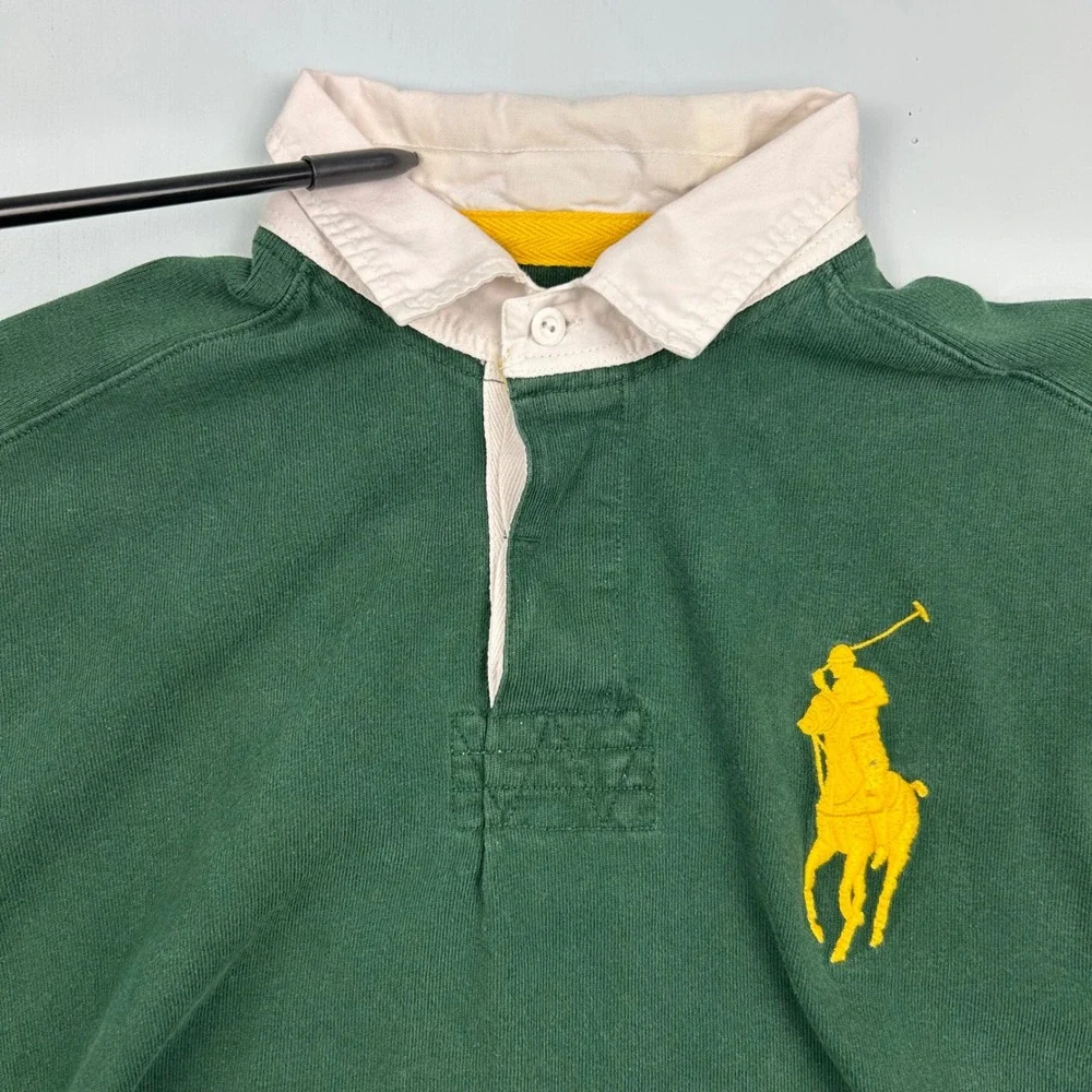 Polo Ralph Lauren Mens Big Pony Rugby Shirt Green Yellow Long Sleeve Size L